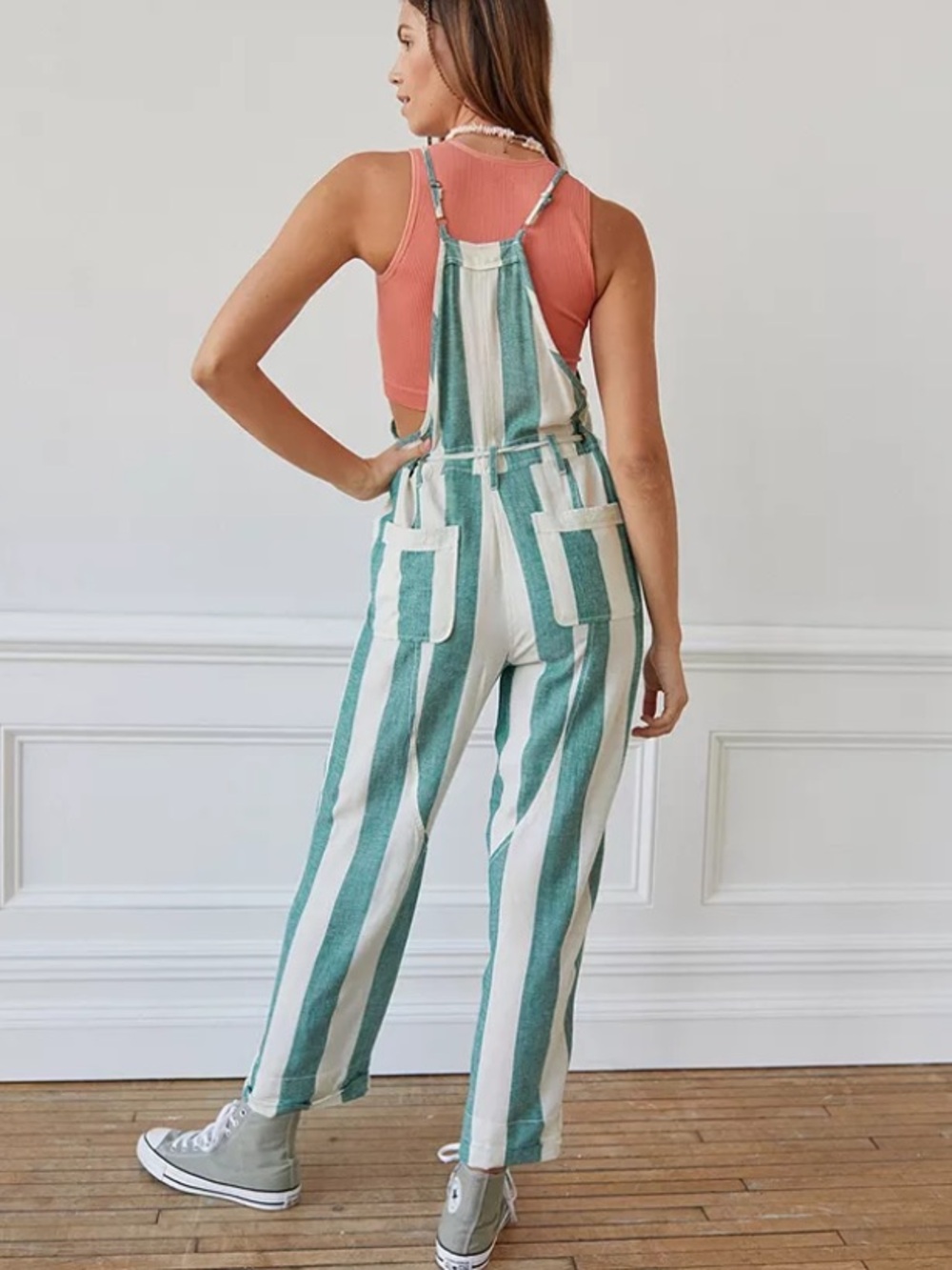 BDG Teal and Cream Striped Button-Front Jumpsuit (dungarees) with skinny straps - Picture 4 of 16